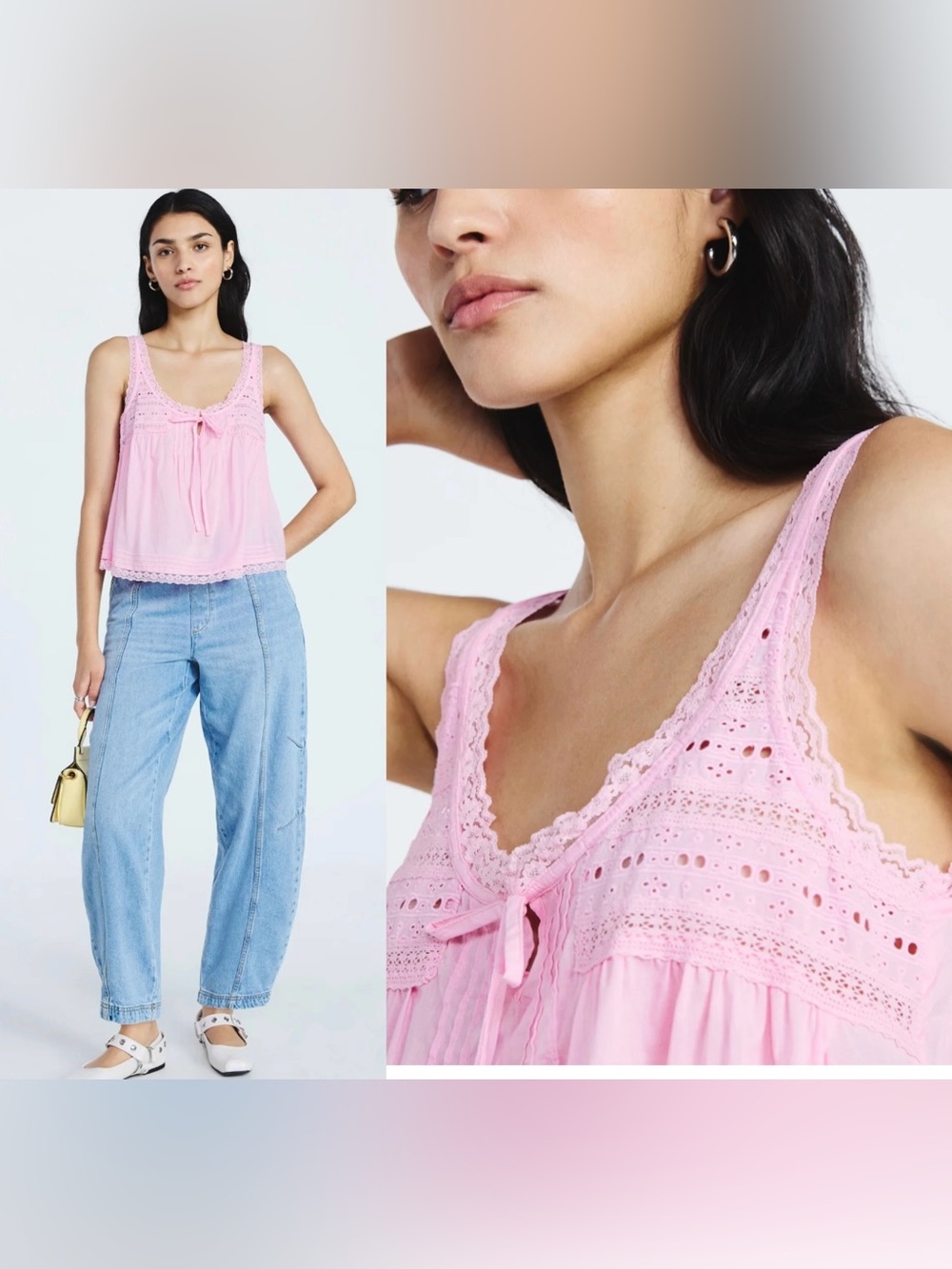 Scoop Women Pink Lace Trim Flowy Cotton Tank Top Bow Front Sleeveless Small NWT
